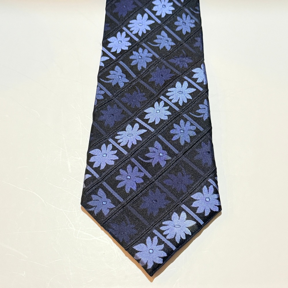 Pronto Uomo Couture Silk Tie Blue Floral Grid Geometric Classic Necktie